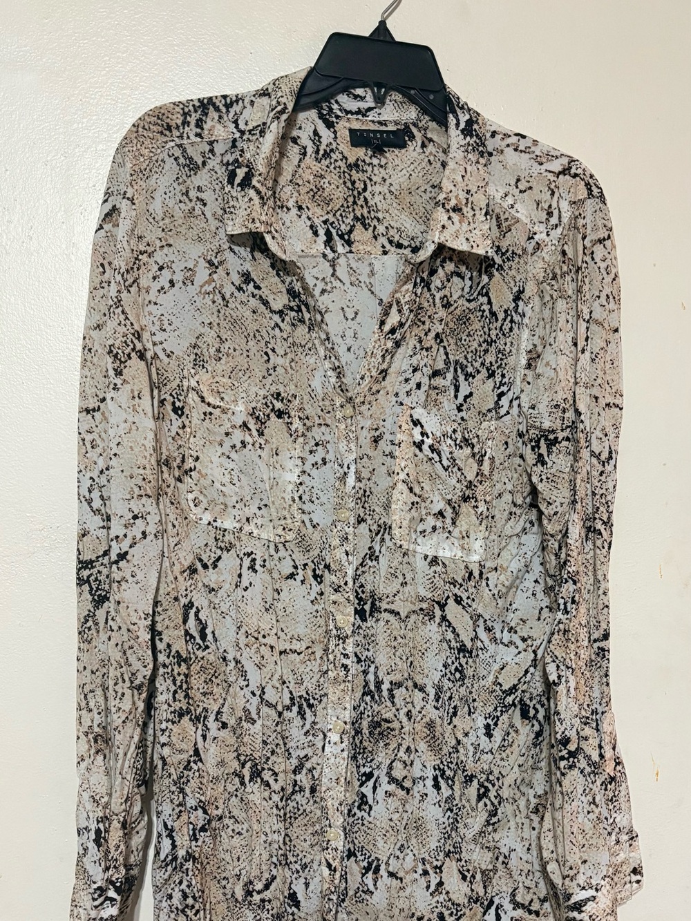 Tinsel Beige and Black Snake-Print Button-Up